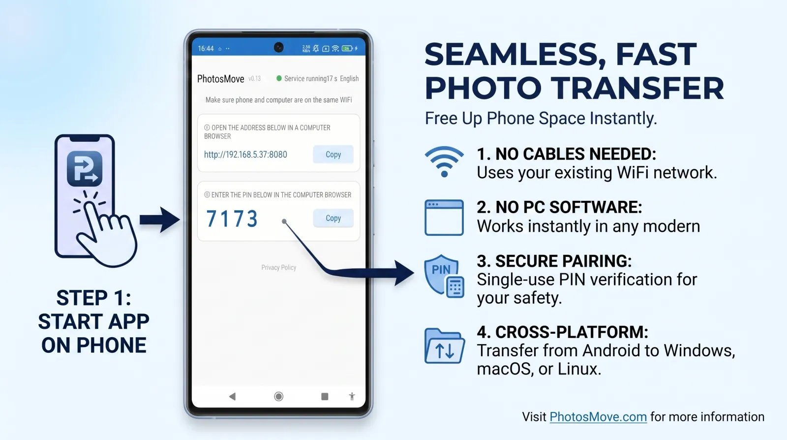 Step 1 — open PhotosMove on your phone to get the web address and 4-digit PIN