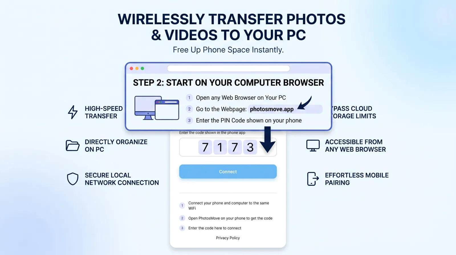 Step 2 — on the computer browser, enter the PIN shown on your phone
